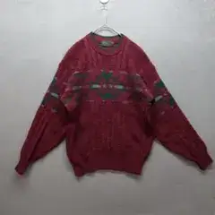 VINTAGE 訳あり ウール 日本製 A1923 柄ニット M バーガンディー