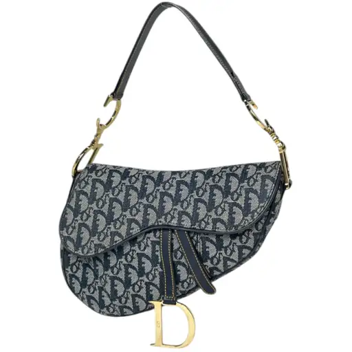 Christian Dior Navy Leather Canvas Saddle Bag Shoulder Bag (Pre-Owned)