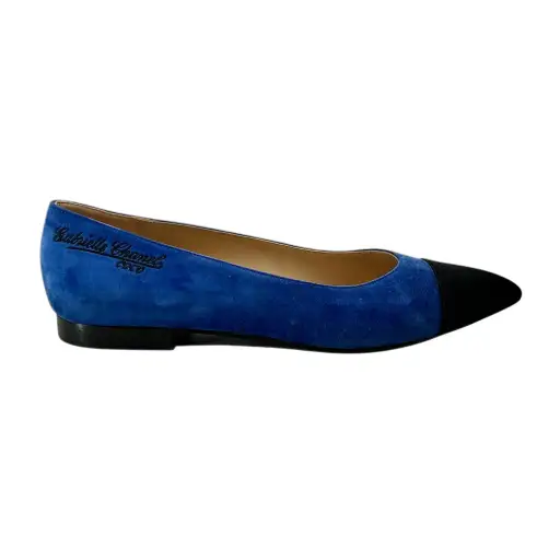 CHANEL Cobalt Blue Suede & Black Satin Pointed Cap Toe Flats
