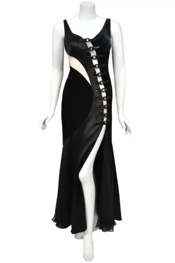 2004 Versace Runway Black Silk & Velvet Sheer-Illusion Buckle Trimmed High Slit Gown