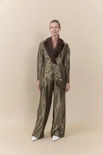 Gianfranco Ferré Silk Suit with Detachable Fur Collar