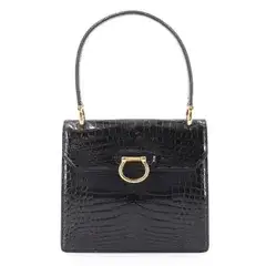 セリーヌ CELINE クロコダイル ガンチーニ ハンド バッグ ブラック ゴールド 金具 ヴィンテージ Gancini Bag 90331131