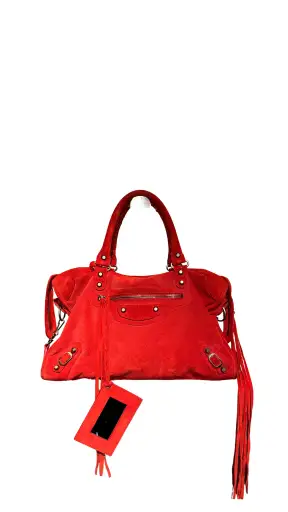 Balenciaga Vintage Suede Motocross Classic City Bag Red Suede Shoulder Bag Top Handle Silver Tone Hardware Archive