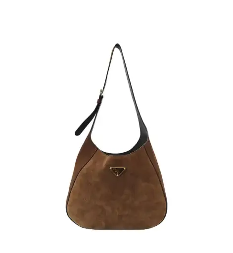 PRADA brown suede logo shoulder bag handbag gold hardware