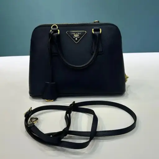 PRADA Promenade blue cowhide leather logo cross pattern shoulder bag detachable