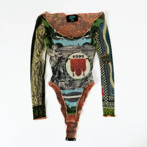 Jean Paul Gaultier Currency Patchwork Mesh Body Suit SS1994