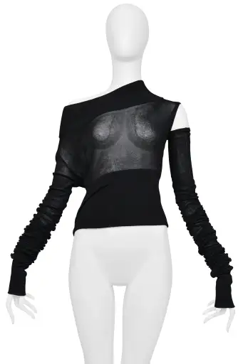 DOLCE & GABBANA 2003 BLACK MESH HIGH COLLAR ASYMMETRICAL TOP W DETACHABLE SLEEVE