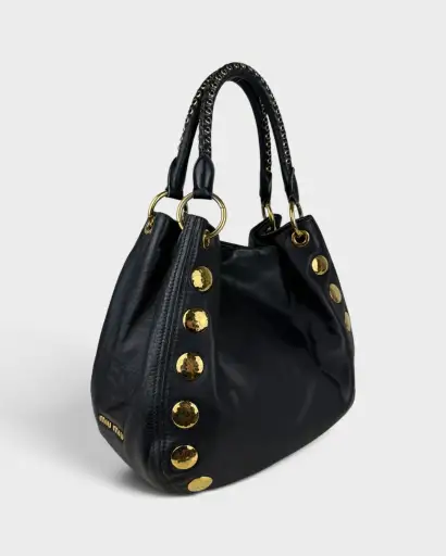 2010s Miu Miu Black Leather Studded Bucket Bag