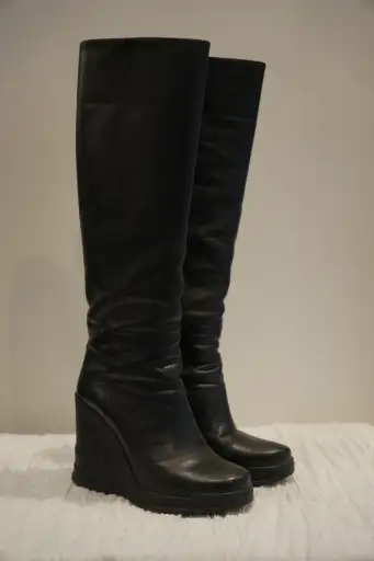Prada Black Leather Rubber Wedge Boots Sz35 FW 2014