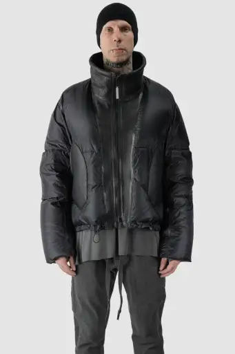 Black Shearling Leather and Down Cropped Puffer Jacket