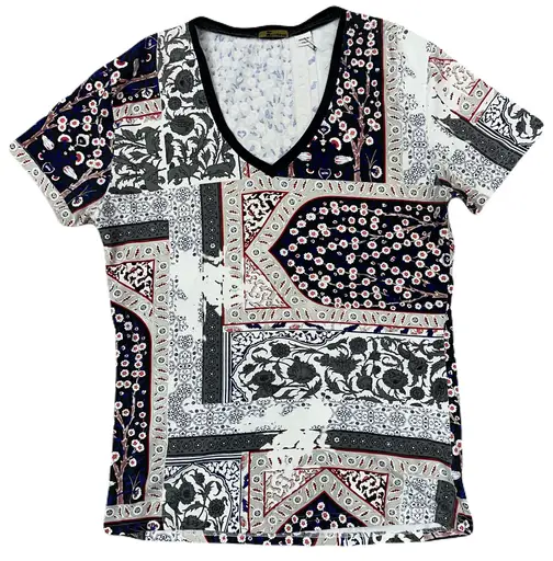 【John Galliano】Patchwork Paisley Bandana Print V-Neck T-Shirt