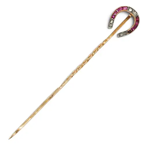 Russian Imperial Horseshoe Gold With Rubies & Diamonds Stick Pin