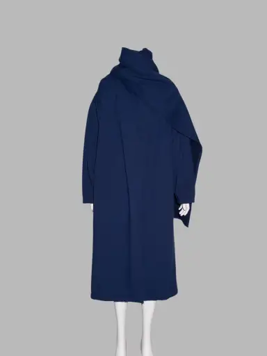Norma Kamali 1980s long navy fleece gown coat with integrated scarf