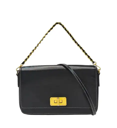 PRADA black cowhide leather cross pattern shoulder bag handbag gold hardware 2 s