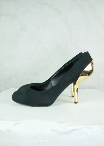 Giuseppe Zanotti Sculptural Gold Heel Suede Pumps