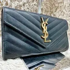 【美品】 サンローラン ブラック レザー 長財布 フラップ キャビアスキン