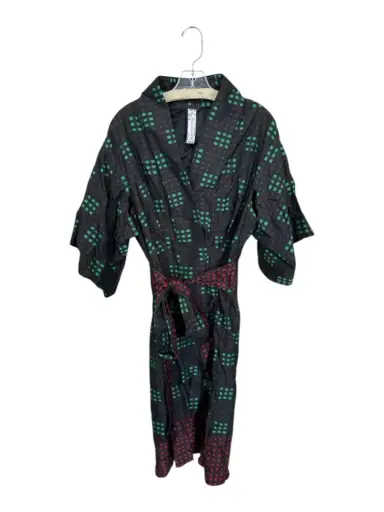 MCQ Size 46 Black & Green Viscose Textured Collar Snap Buttons Dress