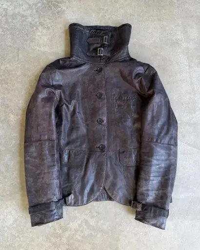 Emporio Armani Brown Funnel Neck Leather Jacket – S/M