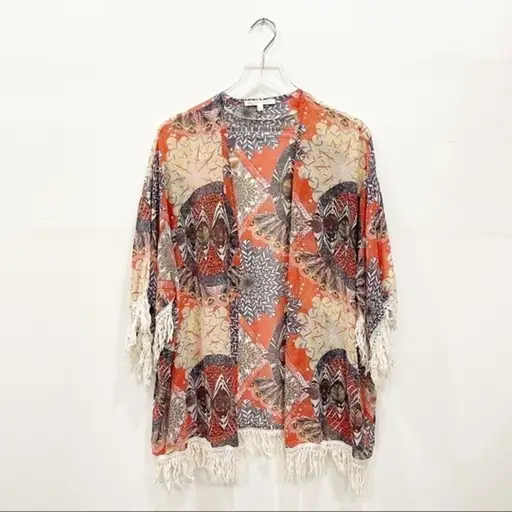 Daniel Rainn Printed Fringe Kimono Top Lightweight Bohemian Festival M/L Beach