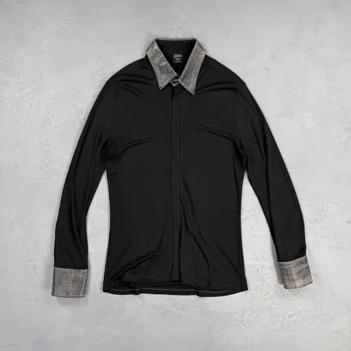 Jean Paul Gaultier Rayon Jersey Zip Front Shirt w/ Leather Trim Men's 17.5, XL
