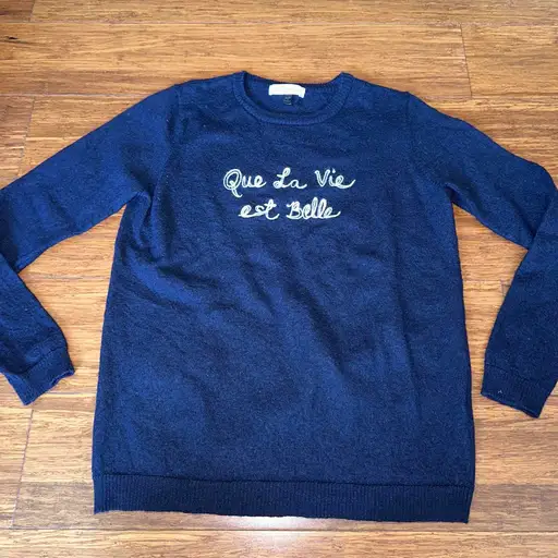 Bella Freud designer jumper “Que La Vie Est Belle” knit sweater #designer #100%wool size XS armpit to armpit is 40cm full length is 53cm. Free shipping on all orders retails for $720