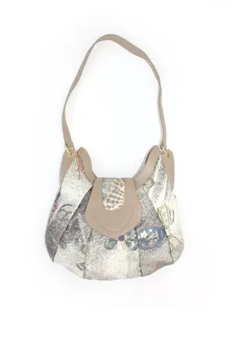 Roberto Cavalli beige printed canvas & leather shoulder bag