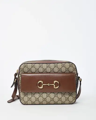 Gucci Brown Leather and Beige and Brown GG Supreme Monogram Canvas Horsebit 1955 Camera Bag