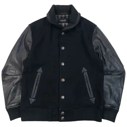 Vintage 2000s Burberry Black Label Leather Sleeve Wool Jacket Size M