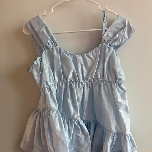 Simone Rocha baby blue satin blouse with ruffled tiers #simonerocha #satin