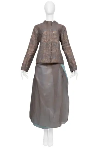 ISSEY MIYAKE BROWN JACKET AND SKIRT ENSEMBLE WITH KASHMIR PRINT 2001