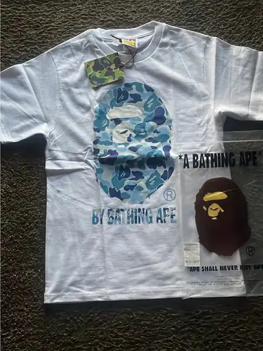 Bape White Short Sleeve Tee with Blue Camo Ape Head