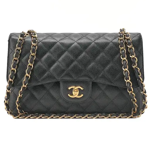 CHANEL Caviar Skin Deka Matelasse Double Flap Chain Shoulder Bag Black Gold-Tone Hardware, Pre-Owned