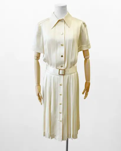Chanel 1988 runway cream silk pleated dress with belt