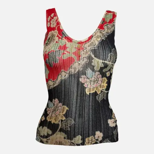 Roberto Cavalli S/S 2003 Black And Red Chinoiserie Pleated Silk Tank Top
