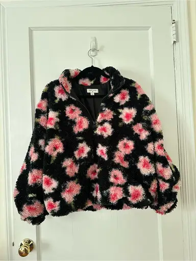 Sandy Liang Black Sherpa Jacket with Pink Floral Spots
