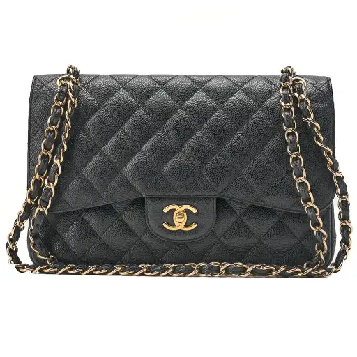 CHANEL Caviar Skin Deka Matelasse Double Flap Chain Shoulder Bag Black Gold-Tone Hardware, Pre-Owned
