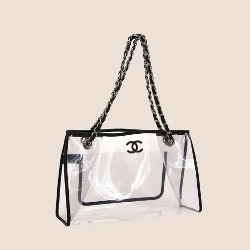 CHANEL CLEAR BLACK LEATHER TRIM SHOPPER CARRYALL TOTE BAG
