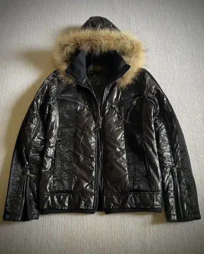 Xfrm Fur Hood Chain Puffer Jacket Black Y2K Vkei Grunge
