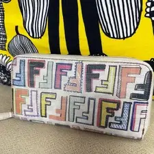 FENDI Zucca Round Zip Long Wallet Multicolor PVC White Excellent gift