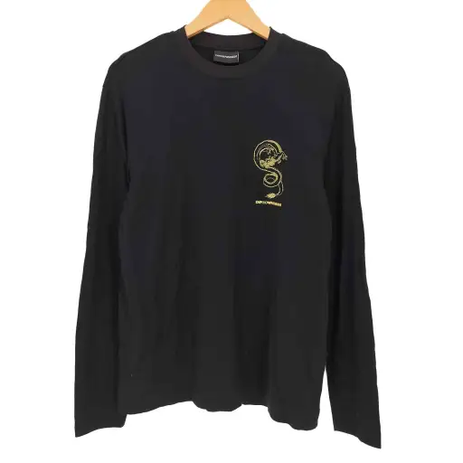エンポリオアルマーニ EMPORIO ARMANI ロゴ ドラゴン刺繍 リヨセル混紡ジャージー クルーネック ロングスリーブTシャツ メンズ import：M
