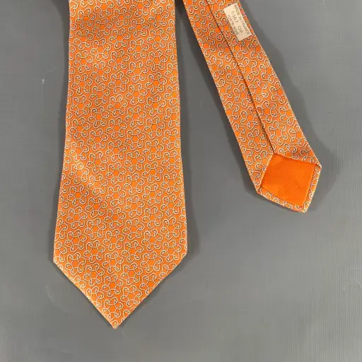 HERMES Orange White Geometric Silk Tie