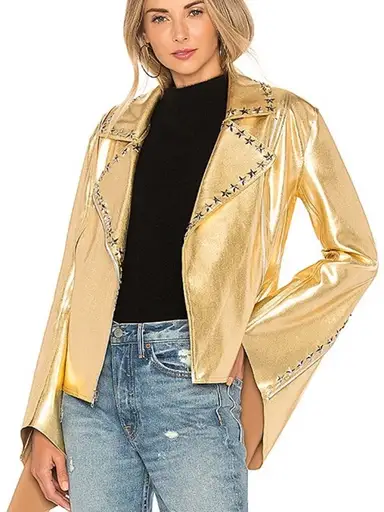 Norma Kamali Gold Metallic Studded Moto Jacket