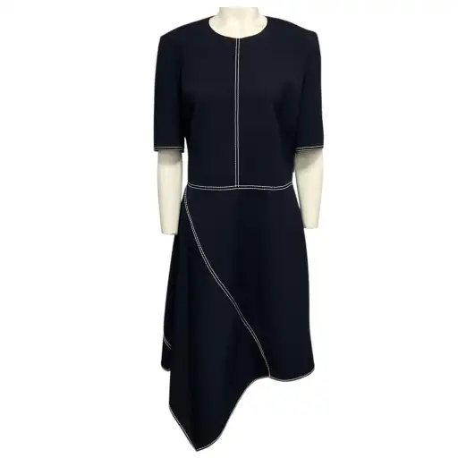 Stella McCartney Navy Blue / White Contrast Stitching Short Sleeved Asymmetric Hem Midi Dress