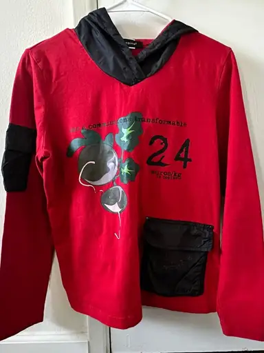 Cop.Copine Red Long Sleeve Hooded Tee with Black Accents