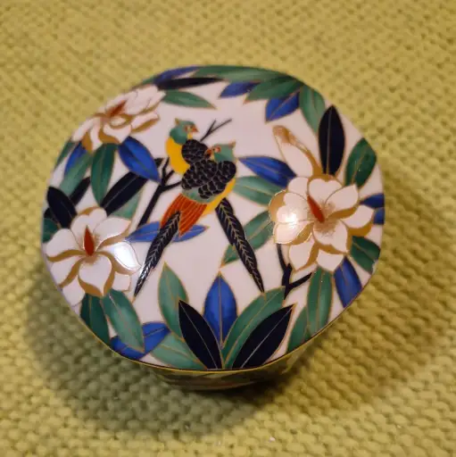 Trinket Box with Birds and Flowers multicolored handpainted porcelain vintage