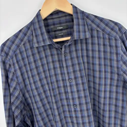 Z Zegna Drop 8 Fit Gingham Check Button Down Shirt Mens L Blue Grey Luxury