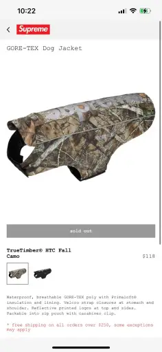 SZ Medium Supreme Goretex Dog Jacket Camo