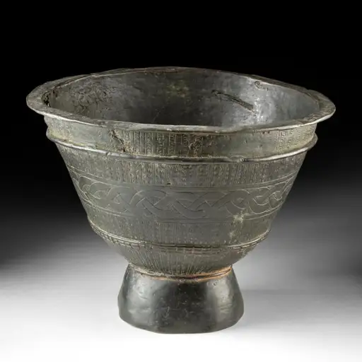 19th C. Ghana Akan Brass Kuduo Footed Vessel with Interlace Band