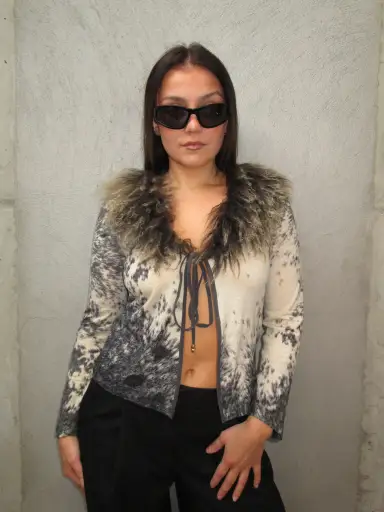 ROBERTO CAVALLI HORSE PRINT & FUR CARDIGAN