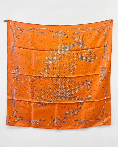 Hermes “Cheval de Legende” silk scarf in orange & grey